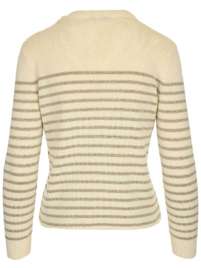 Shop Saint Laurent Marine Striped Button Detail Sweater In White