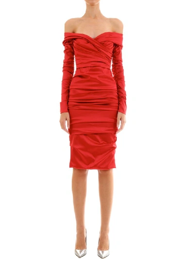 Shop Dolce & Gabbana Draped Off Shoulder Midi Dress In Red