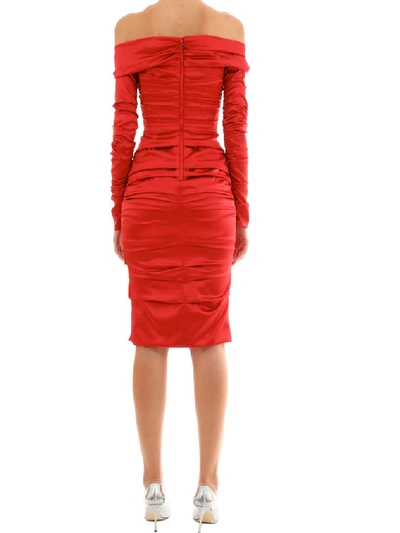 Shop Dolce & Gabbana Draped Off Shoulder Midi Dress In Red