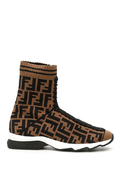 Shop Fendi Ff Logo High Sock Sneakers In Tabacco Nero