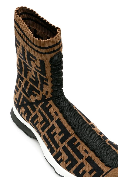 Shop Fendi Ff Logo High Sock Sneakers In Tabacco Nero