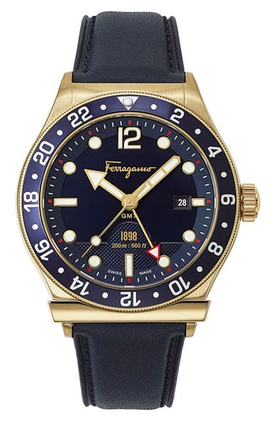 Shop Ferragamo Sport Leather Strap Watch, 44mm In Blue/ Gold