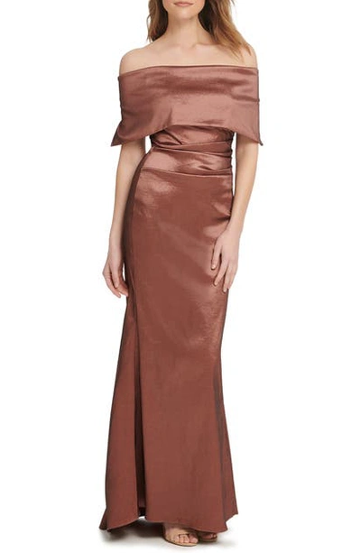 Shop Vince Camuto Off The Shoulder Taffeta Gown In Bronze