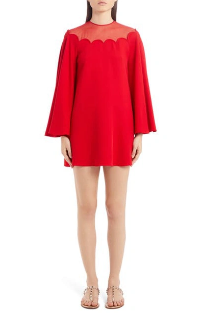 Shop Valentino Scallop Neck Long Sleeve Silk Cady Minidress In Rosso