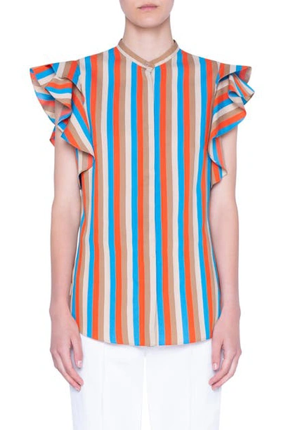Shop Akris Punto Gazebo Stripe Flutter Sleeve Top In Tangerine/ Turquoise/ Sand