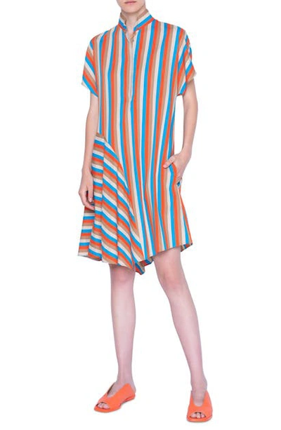 Shop Akris Punto Gazebo Stripe Asymmetrical Shirtdress In Tangerine/ Turquoise/ Sand