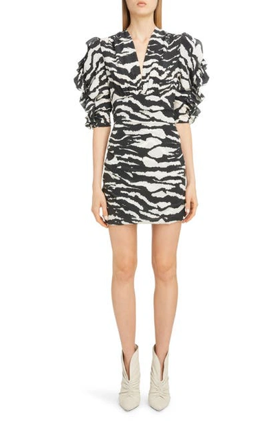 Shop Isabel Marant Zebra Print Puff Sleeve Stretch Silk Minidress In Black