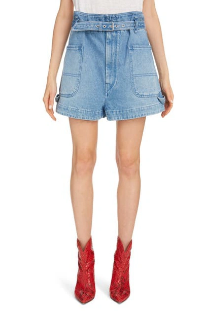 Shop Isabel Marant Paperbag Waist Denim Shorts In Light Blue