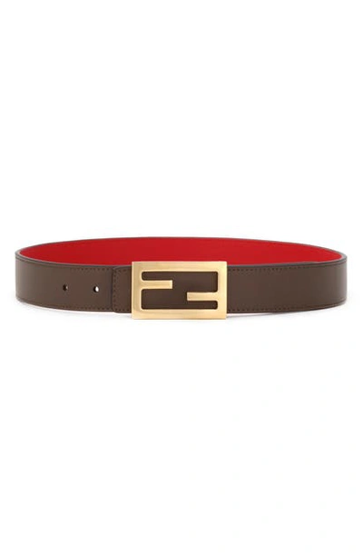 Shop Fendi Logo Buckle Reversible Calfskin Leather Belt In Maya/ Red Cardinale/ Soft Gold