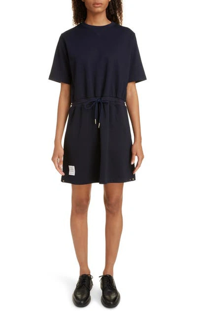 Shop Thom Browne Drawstring Waist Cotton Interlock Minidress In Navy