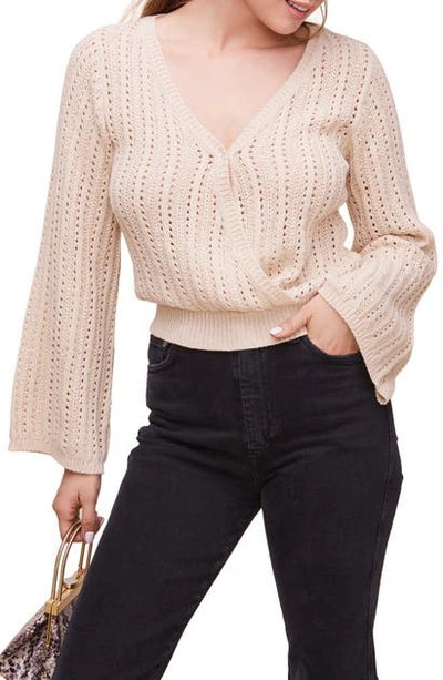 Shop Astr Pointelle Wrap Front Bell Sleeve Sweater In Natural