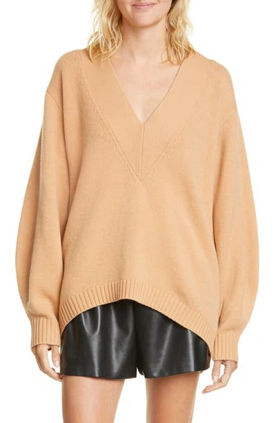 Shop Tibi Oversize Merino Wool Blend High/low Sweater In Light Burlywood
