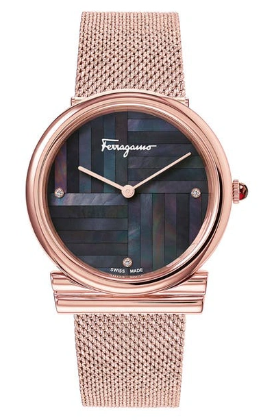 Shop Ferragamo Gancino Slim Mesh Strap Watch, 34mm In Rosegld/blk Mop/rosegold