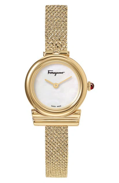 Shop Ferragamo Gancino Slim Mesh Strap Watch, 22mm In Gold/ White Mop/ Gold