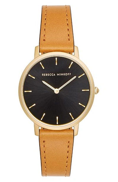 Shop Rebecca Minkoff Major Leather Strap Watch, 35mm In Camel/ Black / Gold