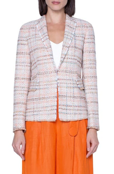 Shop Akris Punto Cotton Blend Tweed Blazer In Cream/ Tangerine/ Turquoise