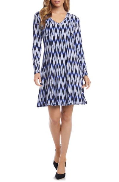 Shop Karen Kane Zigzag Print Long Sleeve A-line Dress In Royal