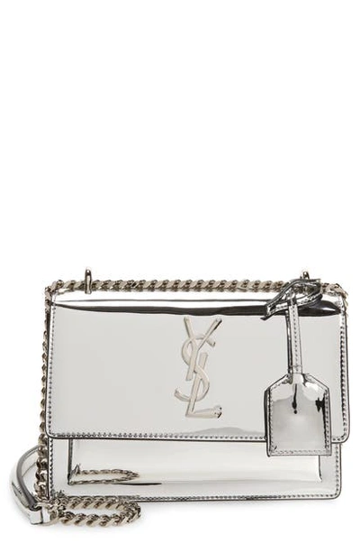 Shop Saint Laurent Small Sunset Mirrored Leather Shoulder Bag In Platine