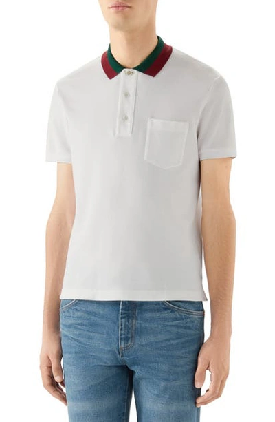 Shop Gucci Two-tone Collar Short Sleeve Pique Polo In White/ Green/ Red