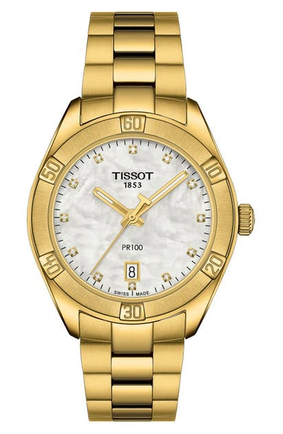 Shop Tissot T-classic Pr100 Bracelet Watch, 36mm In Gold/ White Mop/ Gold