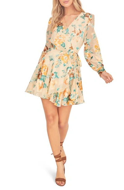 Shop Astr Aja Long Sleeve Floral Wrap Minidress In Cream Jade Floral