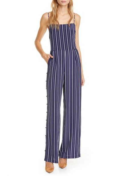 Shop L Agence Finley Side Button Stripe Silk Jumpsuit In Navy/ Ivory Pinstripe