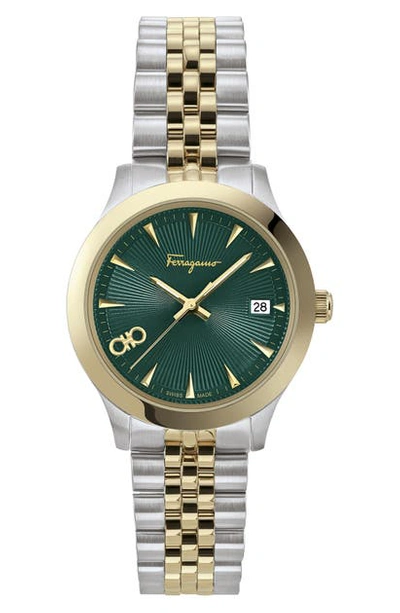 Shop Ferragamo Duo Bracelet Watch, 33mm In Gold/ Green Guilloche/ Gold