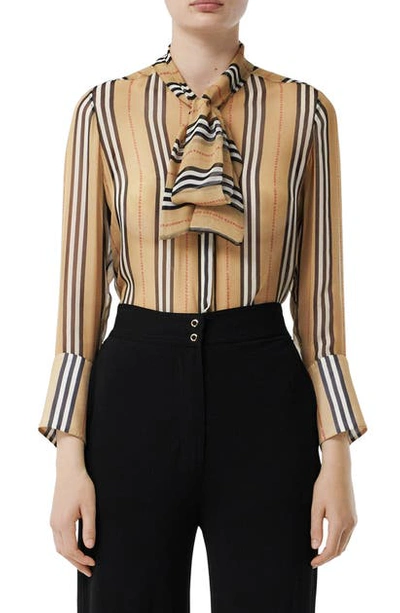 Shop Burberry Amelie Tie Neck Icon Stripe Silk Blouse In Archive Beige Ip Pat