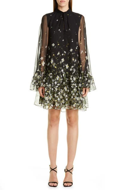 Shop Erdem Floral Flounce Cape Sleeve Shift Dress In Black / White