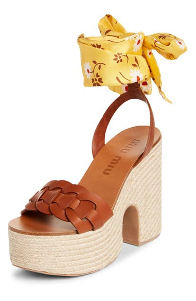 Shop Miu Miu Ankle Tie Platform Sandal In Cognac/ Yellow