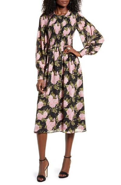 Wayf Crushed Smocked Bodice Midi Dress In Black Roses