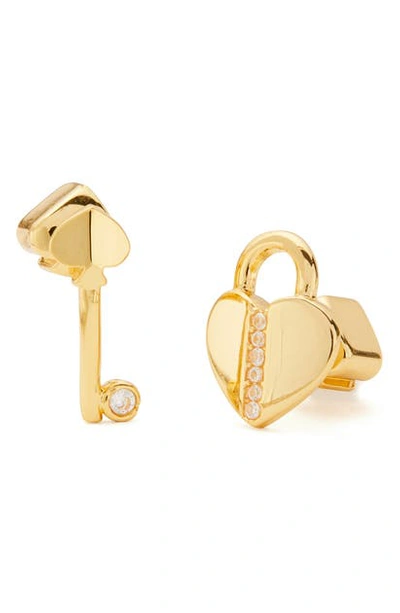 Shop Kate Spade Lock & Spade Mismatched Stud Earrings In Clear/ Gold