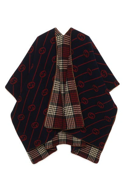 Shop Gucci Reversible Interlocking-g Wool Poncho In Midnight Blue / Red