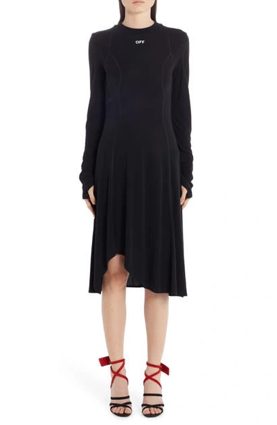 Shop Off-white Asymmetrical Hem Long Sleeve Dress In Black White