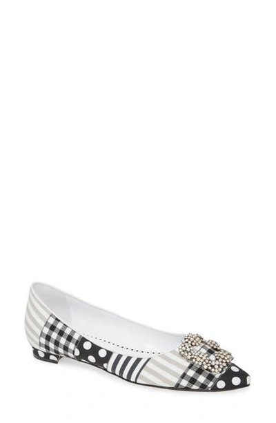 Shop Manolo Blahnik Hangisi Patch Pointy Toe Flat In Black/ Grey/ White