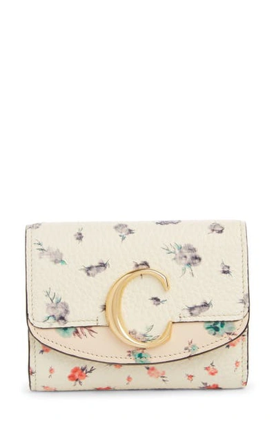 Shop Chloé C Floral Print Leather Wallet In Natural White Multi