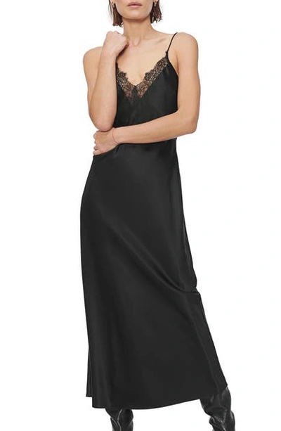 Shop Anine Bing Katy Lace Trim Silk Satin Slipdress In Black