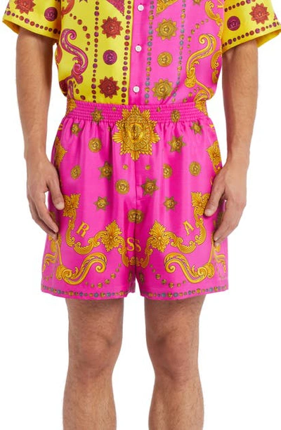 Shop Versace Print Silk Shorts In Pink