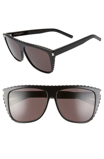 Shop Saint Laurent 59mm Flat Top Sunglasses In Shiny Black/ Black Strass