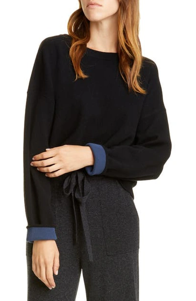 Shop Vince Double Layer Cashmere Crewneck Sweater In Black/ Navy