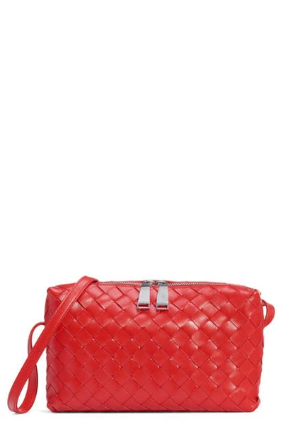 Shop Bottega Veneta Intrecciato Leather Camera Bag In Bright Red/ Silver