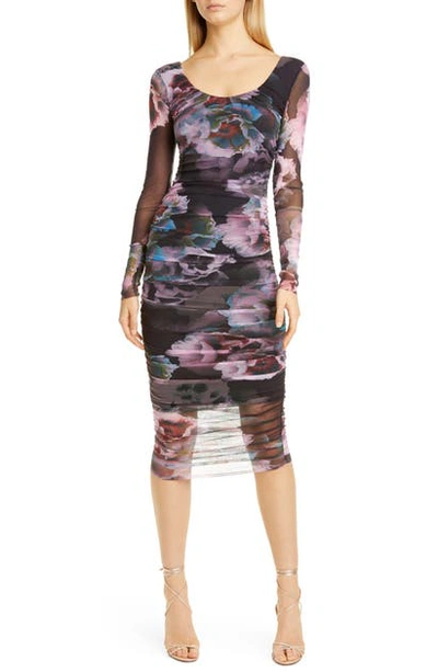 Shop Fuzzi Floral Print Long Sleeve Mesh Dress In Nero