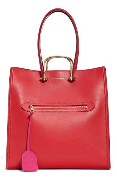Shop Alexander Mcqueen The Tall Story Leather Tote In New Red/ Orchid Pink