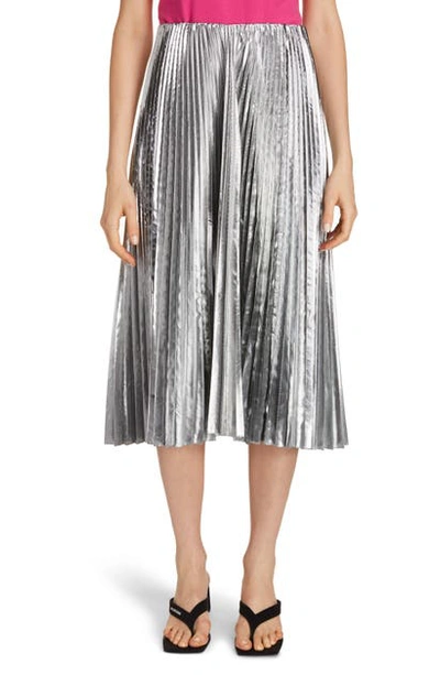 Shop Balenciaga Metallic Pleated Wool Blend Midi Skirt In Silver