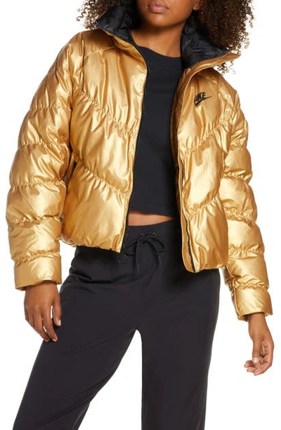 Shop Nike Insulated Shine Puffer Jacket In Metallic Gold/ Black