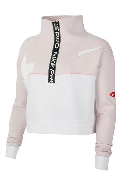 Shop Nike Pro Dri-fit Get Fit Crop Fleece Half Zip Pullover In Barely Rose/ White/ White