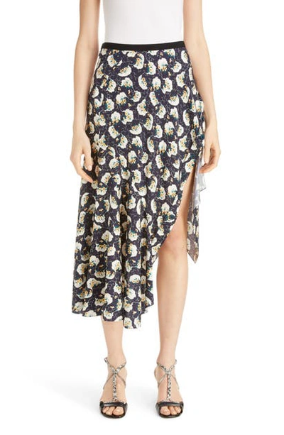 Shop Chloé Asymmetrical Floral Print Stretch Silk Midi Skirt In Dark Night Blue