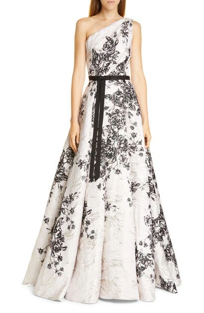 Shop Marchesa Notte One-shoulder Metallic Floral Ballgown In Blush