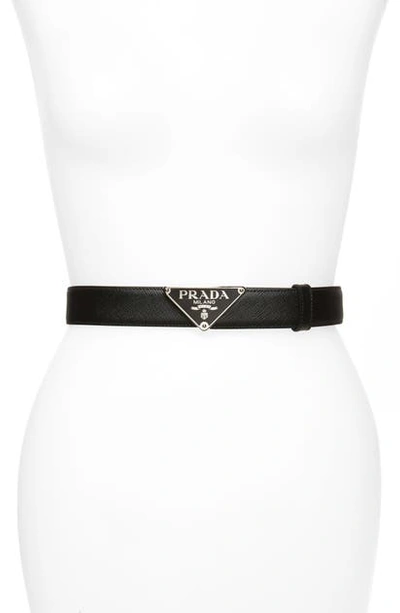 Shop Prada Triangle Logo Saffiano Leather Belt In Nero