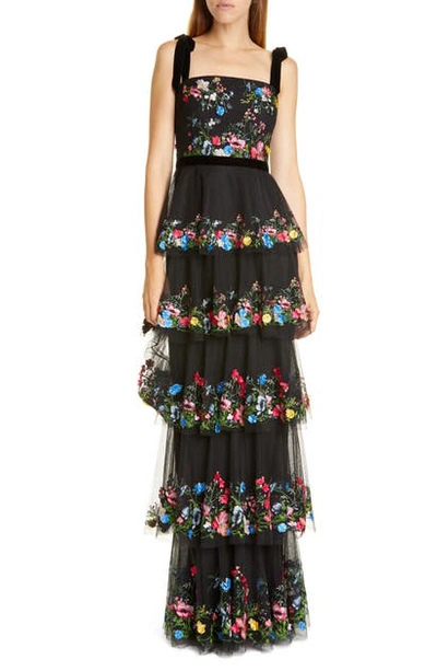 Shop Marchesa Notte Floral Embroidered Tiered Tulle Gown In Black